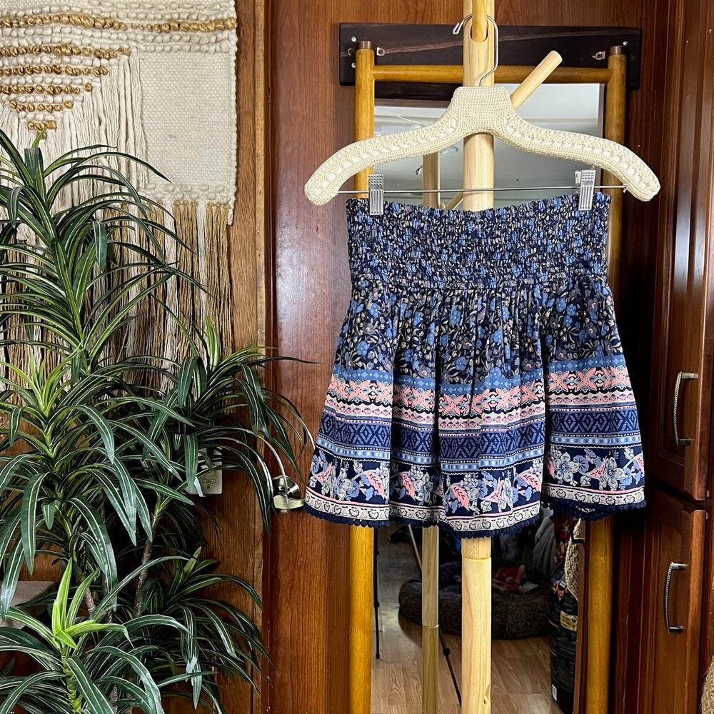 Vintage Y2K Hollister Floral Mini Skirt Smocked Convertible Tube Top Blue Pink S